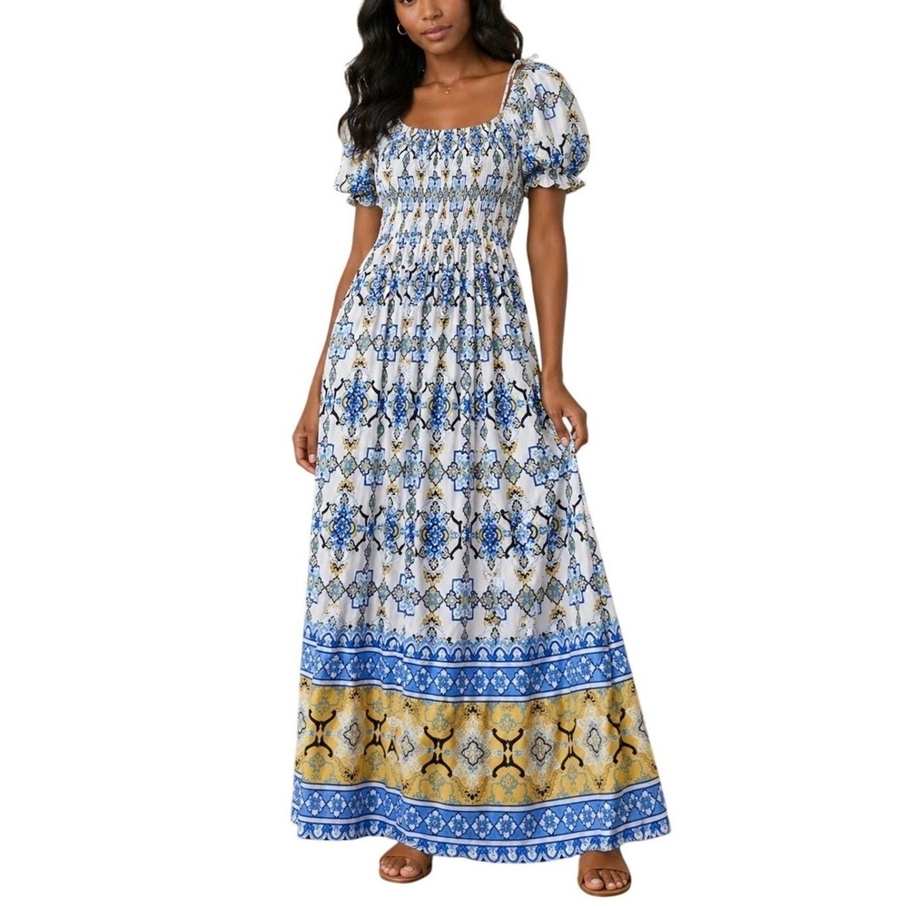 Magic Women 1X Blue Yellow White Tile Print Smocked Off Shoulder Maxi Dress Boho